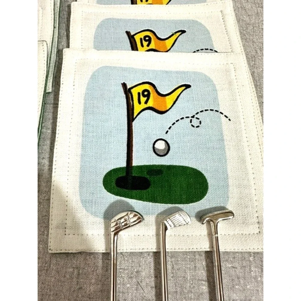 6 Cotton Cloth 19th Hole Drink Coasters & Set of 6 Golf Club Drink Stirrers